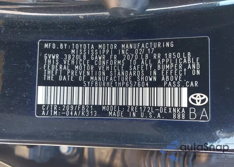 2017 Toyota Corolla Le из США, поврежденный, VIN 5YFBURHE1HP657604